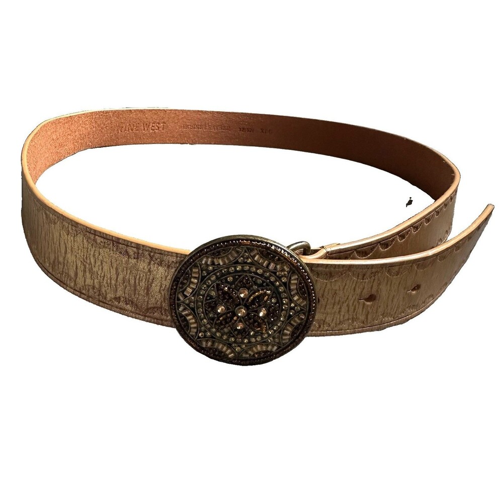 Vintage Nine West Hand Embossed Leather Belt w/Embellished Buckle Size XL